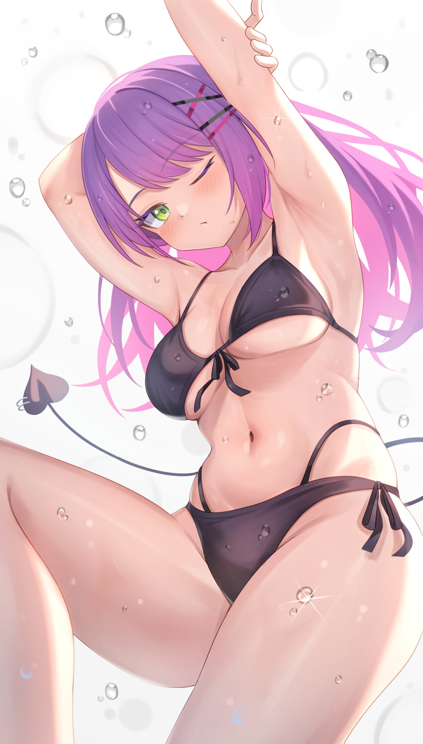 1girl absurdres aoi_zerii armpits bikini black_bikini blush breasts cleavage demon_tail front-tie_bikini_top front-tie_top gradient_hair green_eyes hair_ornament hairclip highres hololive large_breasts long_hair looking_at_viewer lying multicolored_hair navel on_side one_eye_closed pink_hair purple_hair smile solo swept_bangs swimsuit tail tail_ornament thighs tokoyami_towa virtual_youtuber x_hair_ornament