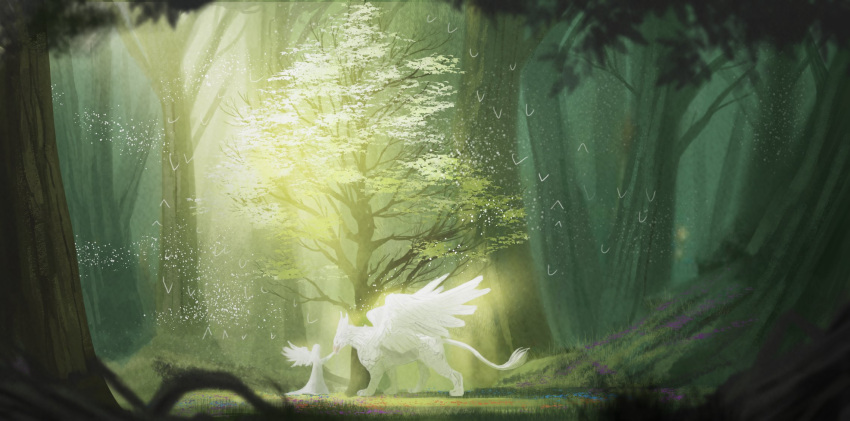 1girl ame_sagari angel_wings bird commentary_request dragon dress feathered_wings flower forest full_body glowing grass highres long_dress long_hair long_sleeves nature original outdoors petting purple_flower roots simple_bird solo white_bird white_dress white_hair white_sleeves white_wings wings