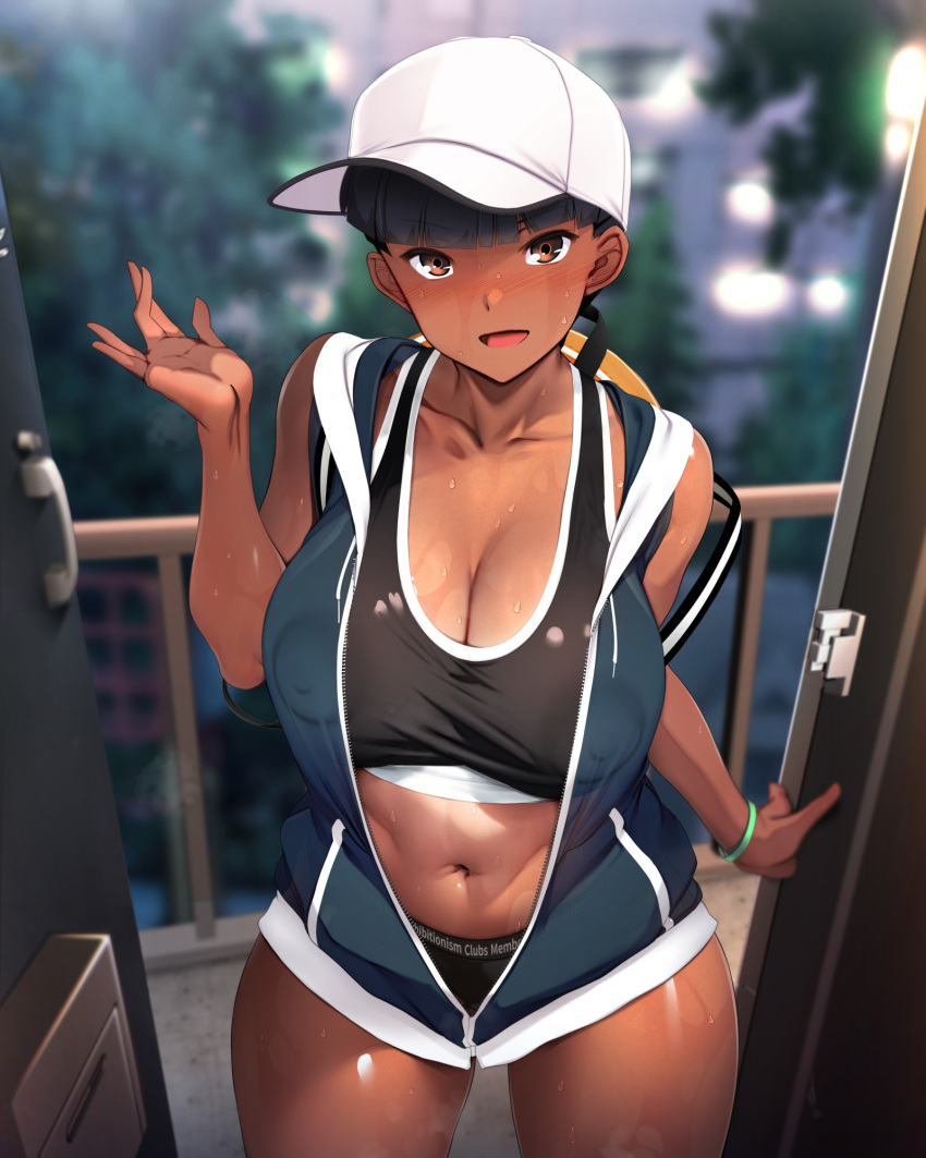 1girl :d amagasa_higasa black_hair black_panties blue_jacket blurry blurry_background blush breasts brown_eyes cleavage collarbone covered_nipples cowboy_shot dark-skinned_female dark_skin hand_up highres jacket large_breasts looking_at_viewer navel open_mouth original panties partially_unzipped short_hair sleeveless sleeveless_jacket smile standing stomach sweat thighs underwear