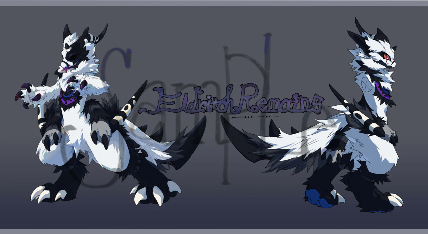 absurdres black_fur black_tail border claws colored_sclera deepsea9013 dragon extra_arms furry highres pawpads red_sclera reference_sheet sample_watermark standing watermark white_fur white_tail yellow_eyes