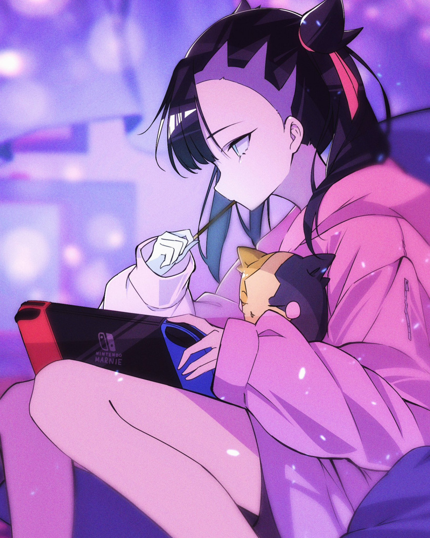 1girl asymmetrical_bangs asymmetrical_hair eating highres hood hoodie indoors joy-con marie_(pixiv59672544) marnie_(pokemon) morpeko morpeko_(full) nintendo_switch pink_hoodie pokemon pokemon_(creature) pokemon_swsh red_ribbon ribbon sitting solo_focus undercut