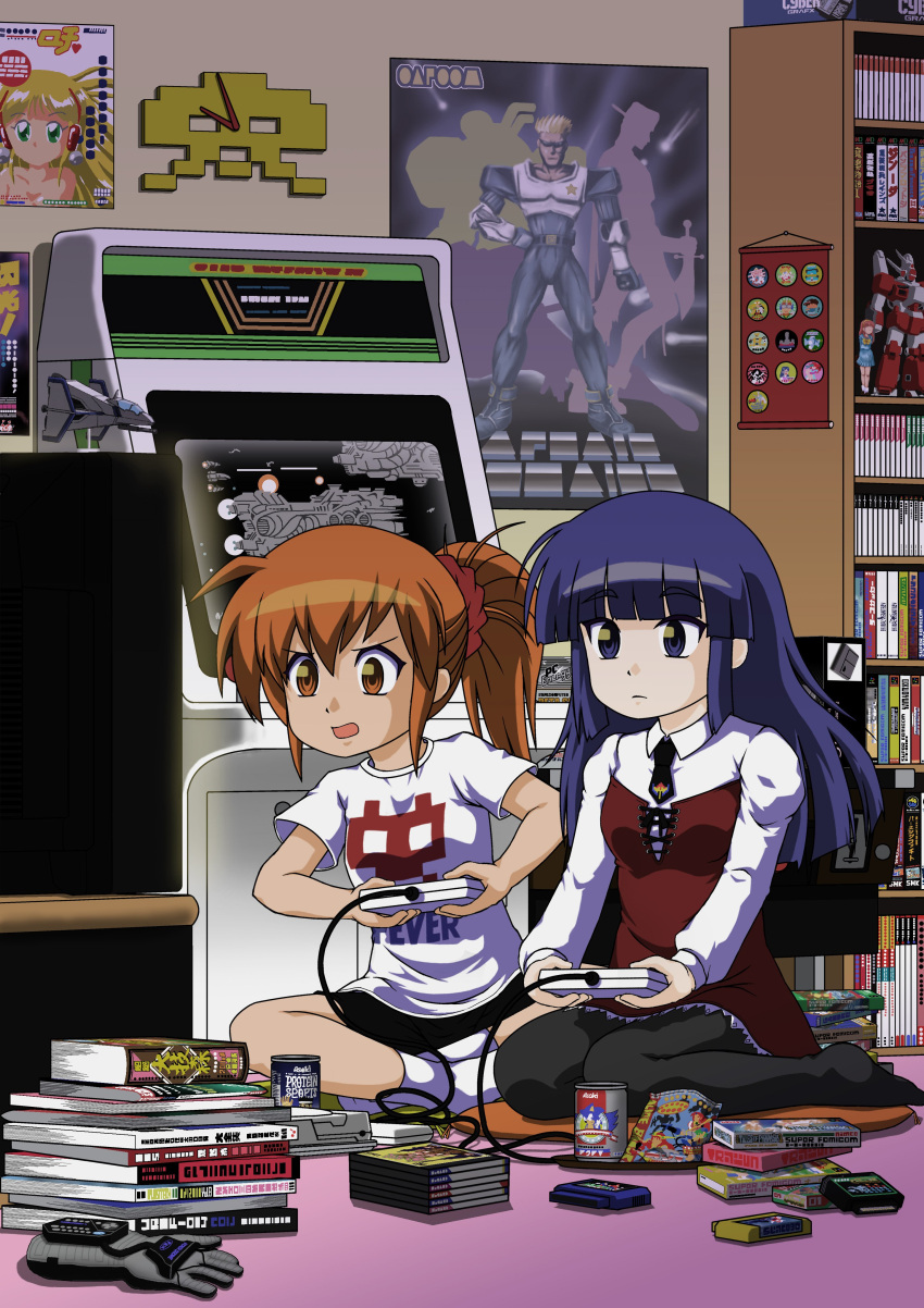 2girls absurdres action_figure arcade_cabinet black_necktie black_pantyhose black_shirt blunt_bangs book brand_name_imitation brown_eyes brown_hair cabinet can captain_commando character_request controller copyright_request crt donkey_kong_(series) dress fujisaki_shiori game_cartridge game_console ginga_ojou-sama_densetsu_yuna highres holding holding_controller indian_style indoors journal long_hair looking_to_the_side multiple_girls necktie no_shoes on_floor open_mouth pantyhose ponytail poster_(object) power_glove_(nintendo) product_placement purple_eyes purple_hair r-type red_dress shirt short_necktie sitting socks sonic_(series) space_invaders tokimeki_memorial wariza white_shirt white_socks yuki!