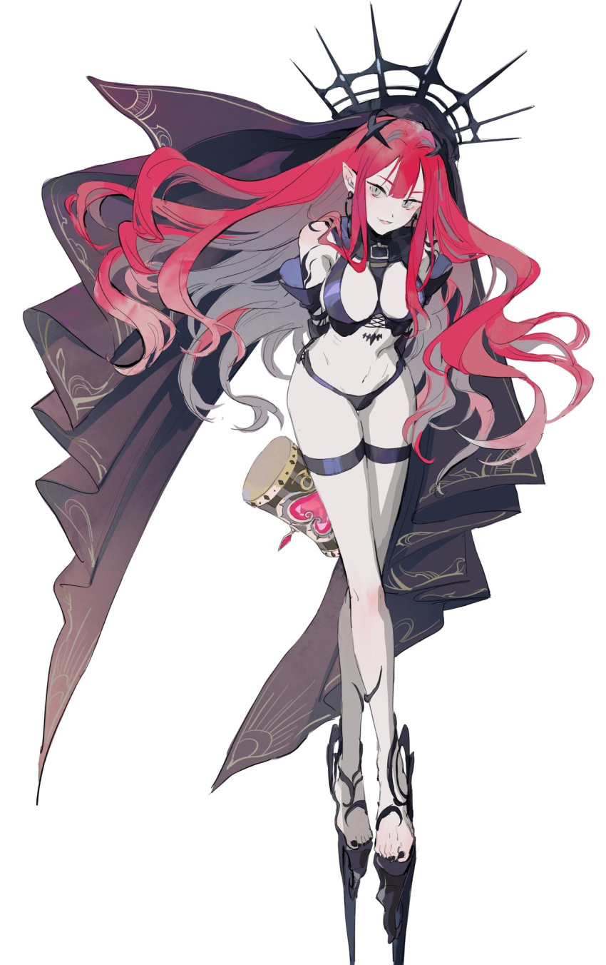 1girl arms_behind_back baobhan_sith_(fate) baobhan_sith_(second_ascension)_(fate) bare_shoulders black_footwear black_nails black_panties breasts detached_sleeves earrings fate/grand_order fate_(series) full_body grey_eyes hammer high_heels highres hoop_earrings jewelry legs long_hair looking_at_viewer mimulishizi nail_polish navel open_mouth panties pink_hair pointy_ears revealing_clothes sidelocks smile solo thigh_strap toenail_polish toenails toes underwear veil white_background