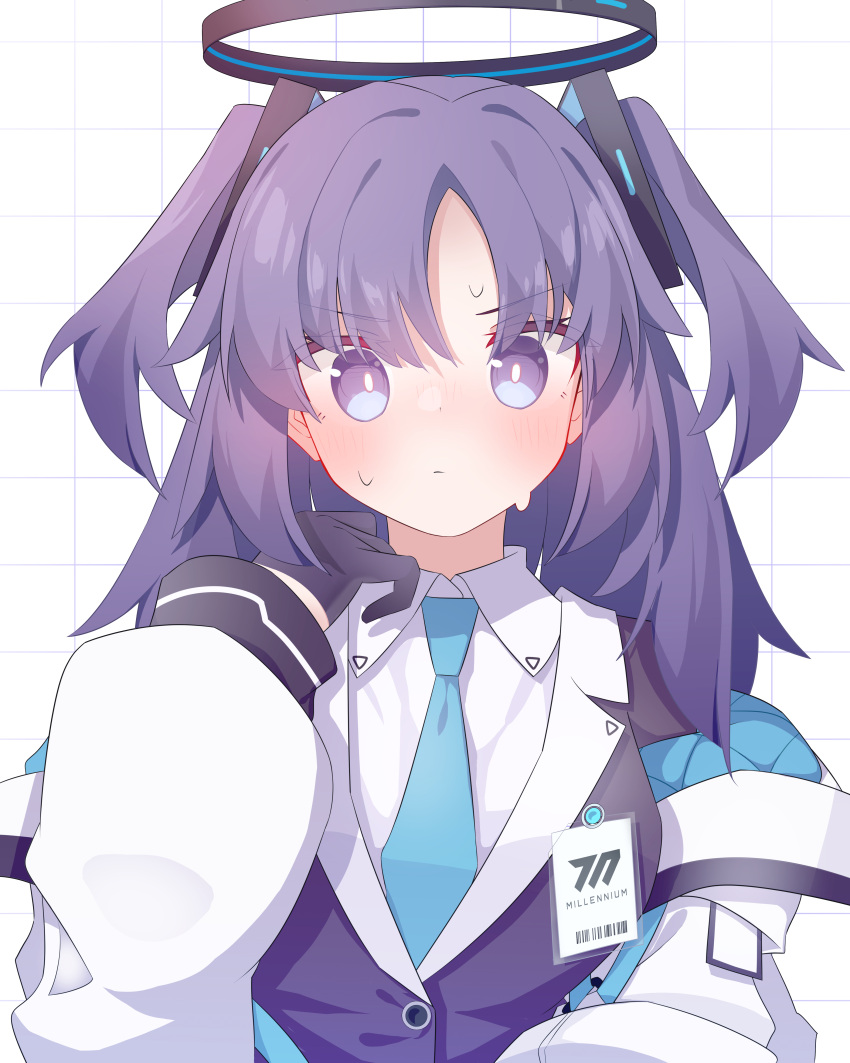 1girl absurdres black_gloves black_jacket blue_archive blue_necktie blush bright_pupils collared_shirt ear_blush gloves grid_background halo hand_up highres jacket layered_clothes long_hair looking_at_viewer necktie purple_eyes purple_hair satoh_vrc shirt solo sweat two_side_up upper_body white_background white_jacket white_shirt yuuka_(blue_archive)