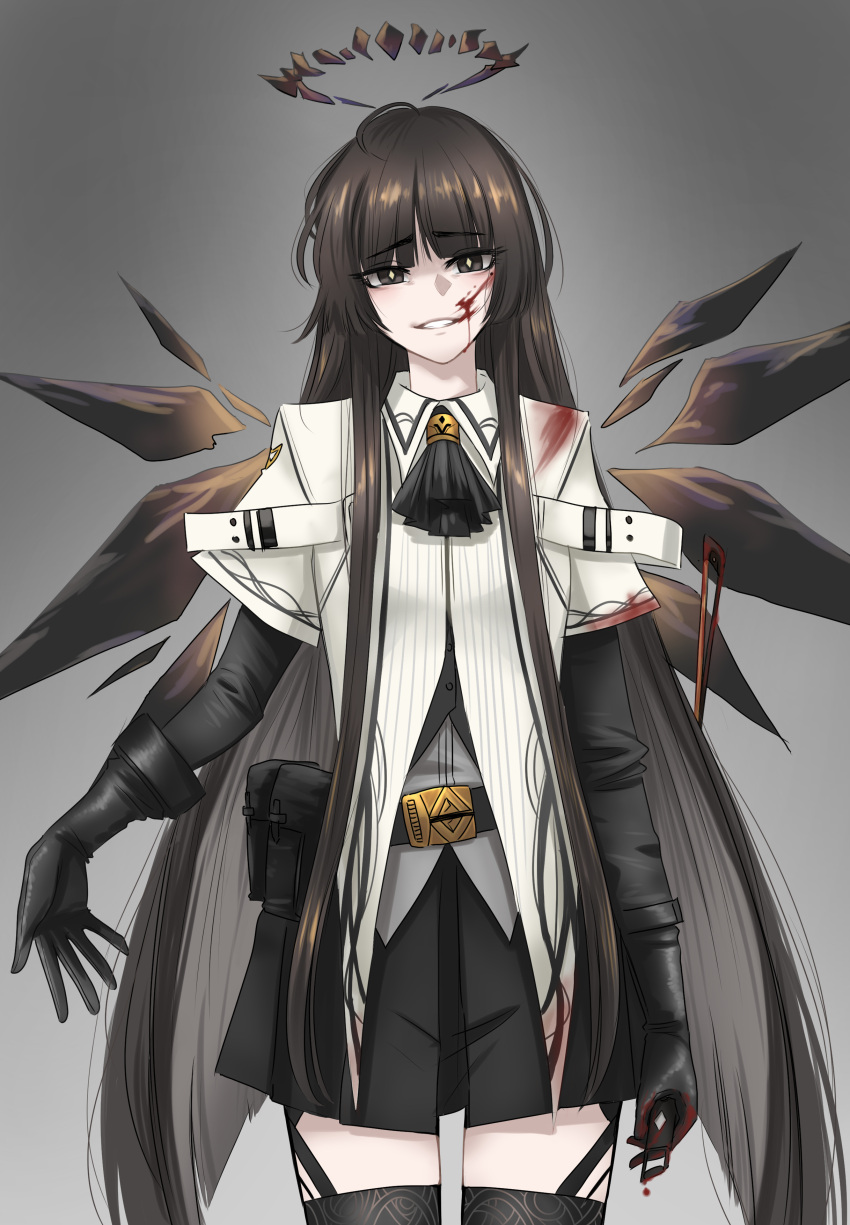 1girl absurdres ahoge arknights ascot belt belt_buckle belt_pouch black_ascot black_belt black_eyes black_garter_straps black_gloves black_hair black_halo black_skirt black_thighhighs black_wings blood blood_on_clothes blood_on_face blood_stain blunt_bangs bow_(music) breasts broken_halo buckle collared_jacket colored_inner_hair commentary cowboy_shot dark_halo detached_wings diamond-shaped_pupils diamond_(shape) energy_wings evil_grin evil_smile eyelashes garter_straps gloves gradient_background grey_background grey_hair grey_shirt grin half-closed_eyes halo highres hime_cut holding holding_bow_(music) ingukoon jacket layered_clothes layered_sleeves long_hair long_sleeves looking_at_viewer miniskirt mole mole_under_eye multicolored_hair open_hand pale_skin parted_lips pleated_skirt pouch raised_eyebrows shadow shirt short-sleeved_jacket short_over_long_sleeves short_sleeves skirt small_breasts smile solo standing straight-on straight_hair strap symbol-shaped_pupils teeth thighhighs two-tone_hair untucked_shirt variant_set very_long_hair virtuosa_(arknights) white_jacket wing_collar wings yellow_pupils zettai_ryouiki