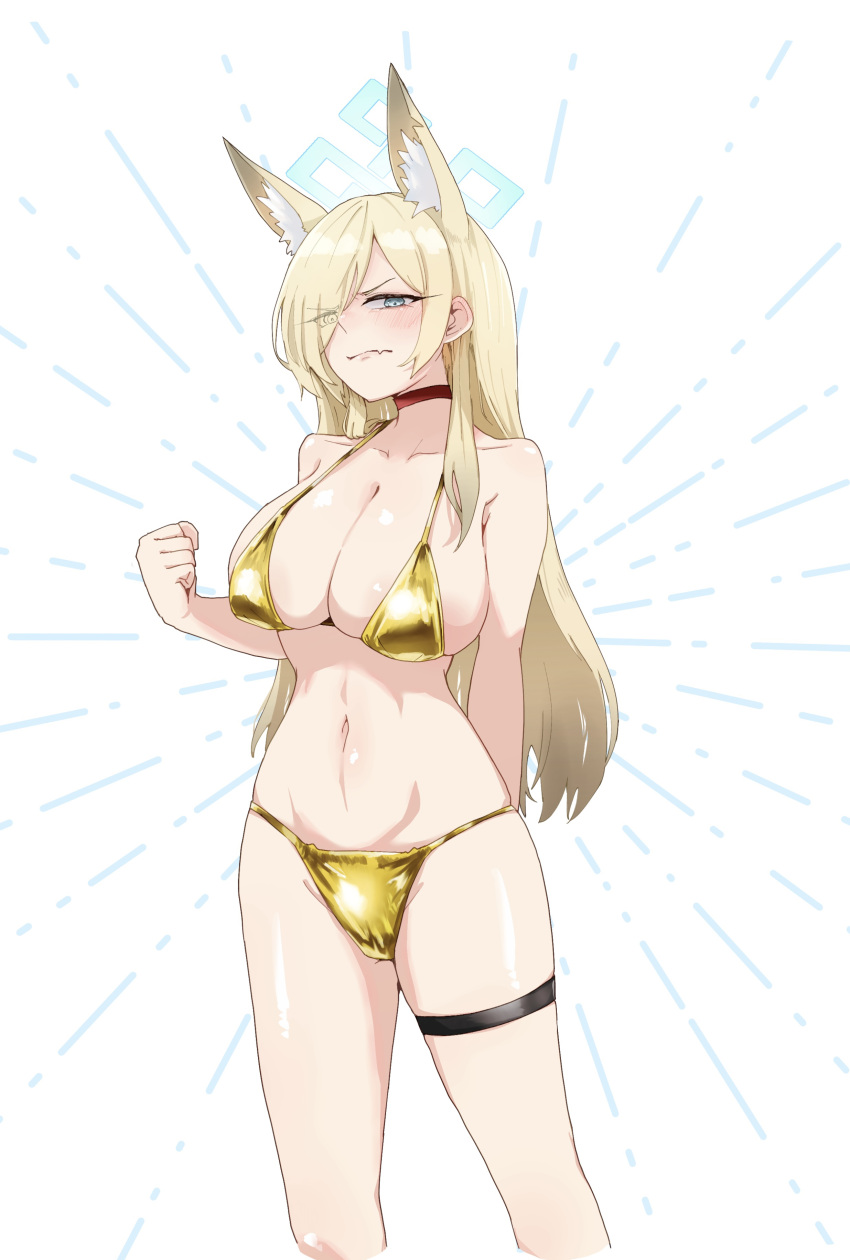 1girl absurdres alternate_costume animal_ear_fluff animal_ears bare_shoulders bikini blonde_hair blue_archive blue_eyes blush breasts choker cleavage clenched_hand closed_mouth gold_bikini groin hair_over_one_eye highres kanna_(blue_archive) large_breasts looking_at_viewer navel simple_background skindentation solo standing stomach string_bikini suecovsky swimsuit thigh_strap white_background yellow_bikini