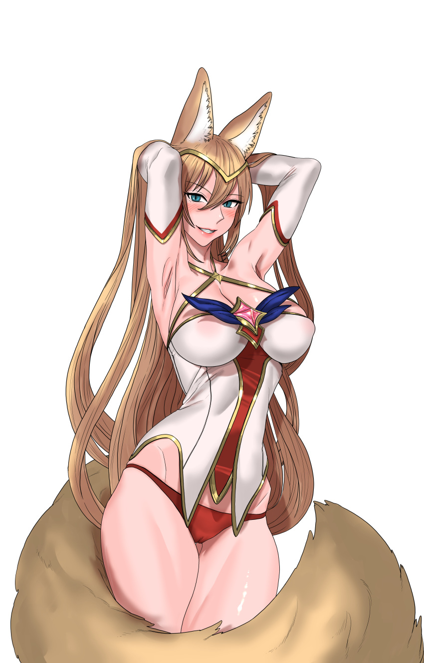 absurdres ahri animal_ears armpits bangs bare_shoulders blonde_hair breasts cameltoe choker circlet detached_sleeves fox_ears fox_girl fox_tail gem grin halter_top halterneck highres hip_bones large_breasts league_of_legends long_hair looking_at_viewer magical_girl no_pants panties purple_eyes radiocupcake red_lips red_panties simple_background slit_pupils smile solo star_guardian_ahri tail thighs underwear very_long_hair white_background