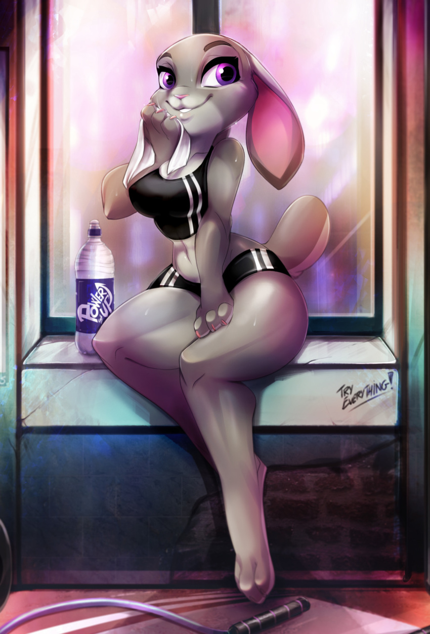 2018 anthro bottle breasts clothing digital_media_(artwork) disney english_text female front_view full-length_portrait fur grey_fur hi_res judy_hopps jump_rope lagomorph looking_at_viewer mammal navel pink_nose portrait purple_eyes rabbit shirt shorts sitting smile solo spirale sweat tank_top teeth text thick_thighs towel water water_bottle wide_hips window window_seat zootopia