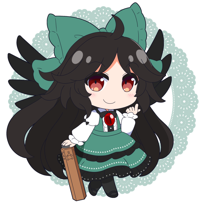 1girl ahoge arm_cannon black_hair bow brown_eyes chibi closed_mouth commentary_request full_body green_bow hair_bow highres juliet_sleeves long_hair long_sleeves looking_at_viewer puffy_sleeves reiuji_utsuho rizleting smile solo third_eye touhou very_long_hair weapon white_background