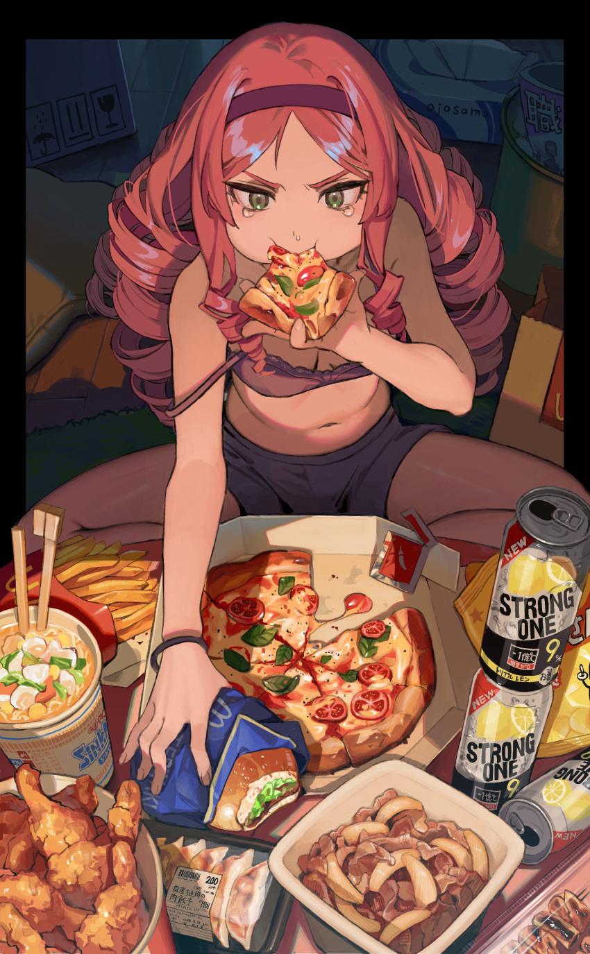 1girl absurdres alcohol black_bra box bra breasts burger can cardboard_box chips_(food) chopsticks cleavage cup_ramen drill_hair drill_sidelocks eating food french_fries fried_chicken green_eyes highres holding holding_food holding_pizza ka_4maki long_hair medium_breasts noodles original pizza potato_chips red_hair shorts sidelocks sitting skewer solo strong_zero table tears tissue_box underwear v-shaped_eyebrows