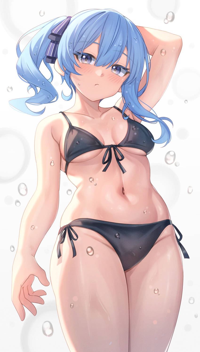 1girl absurdres aoi_zerii arm_at_side arm_behind_head arm_up bikini black_bikini blue_eyes blue_hair blush breasts closed_mouth groin hair_ribbon high_side_ponytail highres hololive hoshimachi_suisei navel ribbon small_breasts solo star_(symbol) star_in_eye stomach swimsuit symbol_in_eye thighs virtual_youtuber water wet
