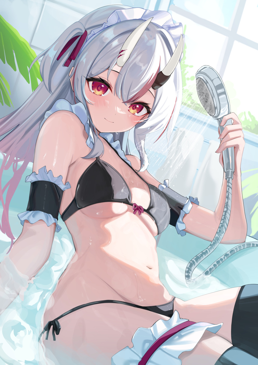 1girl absurdres alternate_costume alternate_hairstyle bathtub bikini black_bikini black_thighhighs blue_sky blush breasts closed_mouth cloud dot_nose eyelashes frills gradient_hair hair_between_eyes highres hitachi_sou holding holding_shower_head hololive horns long_hair looking_at_viewer maid_headdress medium_breasts multicolored_hair nakiri_ayame navel oni pink_hair plant red_eyes shower_head sidelocks sky smile solo stomach streaked_hair swimsuit thighhighs towel two_side_up virtual_youtuber water wet white_hair window