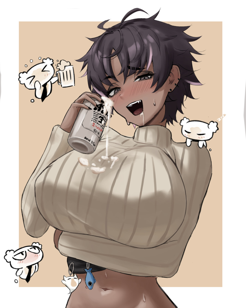 1girl alcohol beer beer_can beer_mug black_necktie blando bon_(vtuber) border breast_lift brown_hair can chibi clothes_lift cup dark-skinned_female dark_skin drink_can drooling ear_piercing fang foam grey_eyes highres indie_virtual_youtuber messy_hair midriff mug multicolored_hair naughty_face necktie piercing ribbed_sweater short_hair streaked_hair sweatdrop sweater turtleneck turtleneck_sweater virtual_youtuber wet wet_clothes white_border