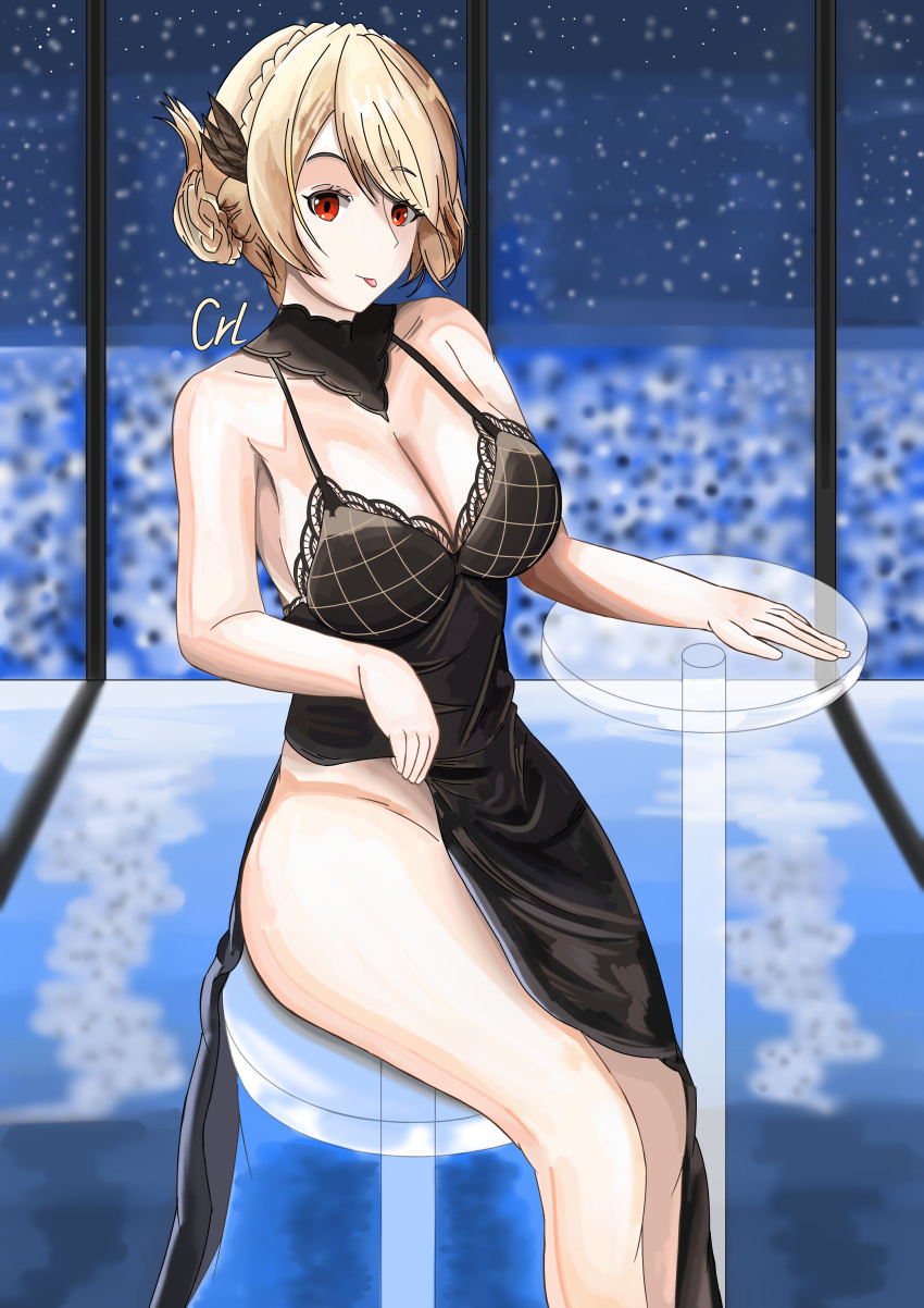1girl absurdres azur_lane bar_stool black_dress blonde_hair bottomless breasts cleavage clothes_lift crallylystia dress evening_gown glass_table hair_bun hair_ornament highres large_breasts looking_at_viewer night night_sky no_bra on_stool prince_of_wales_(a_knight's_song_a_lady's_night)_(azur_lane) prince_of_wales_(azur_lane) red_eyes self-upload side_slit signature sitting skirt skirt_lift sky stool table thighs tongue tongue_out