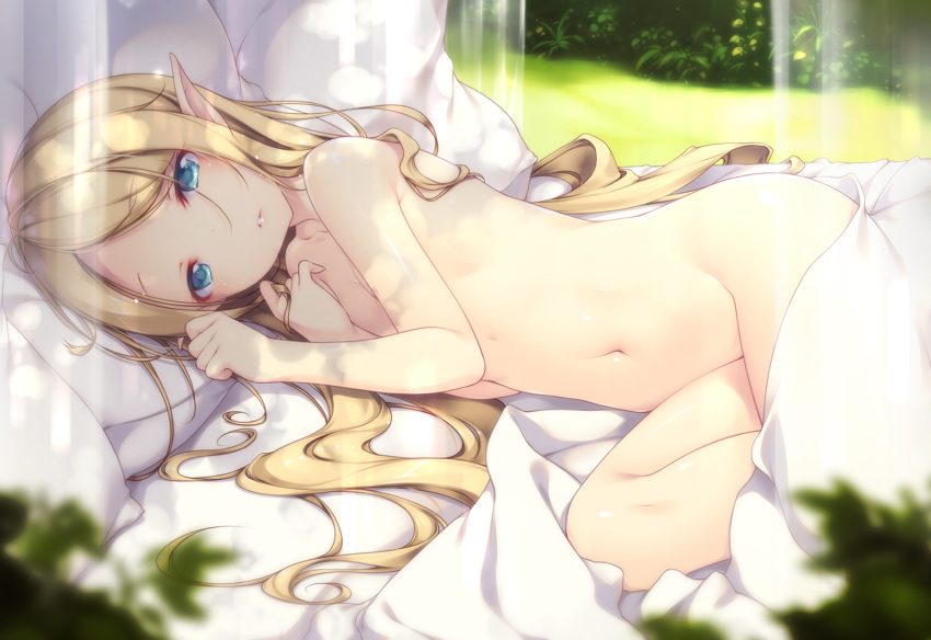 bangs bed_sheet blanket blonde_hair blue_eyes blush breasts commentary_request elf highres long_hair looking_at_viewer lying navel nude on_side original parted_lips pillow pointy_ears r-15 shokuyou_mogura small_breasts solo