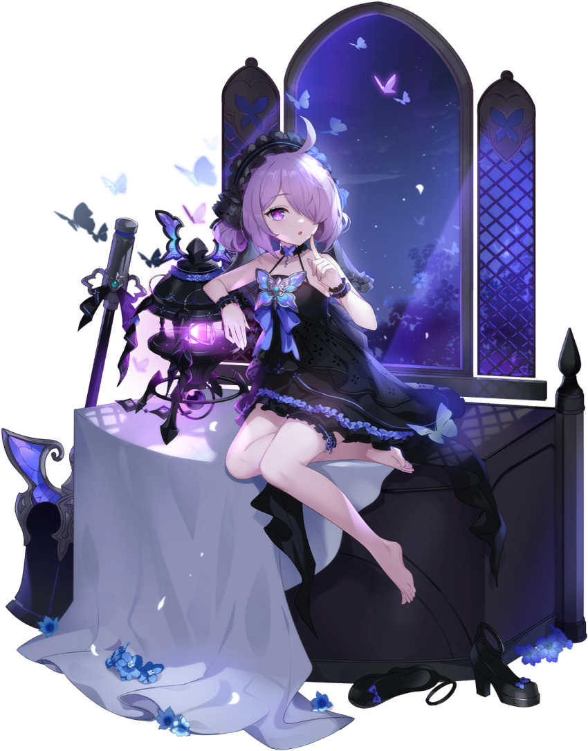 1girl ahoge bare_arms bare_legs black_butterfly black_dress black_headdress black_veil blue_butterfly blue_flower bug butterfly butterfly_ornament dress eversoul finger_to_mouth flower frilled_skirt frills full_body hair_over_one_eye headdress highres neck_garter no_shoes non-web_source official_alternate_costume official_alternate_hairstyle official_art open_window parted_lips petra_(eversoul) pink_pupils platform_footwear purple_butterfly purple_eyes purple_hair shovel shushing sitting skirt sleeveless solo tachi-e thigh_strap transparent_background veil wedding_dress window wrist_cuffs yokozuwari