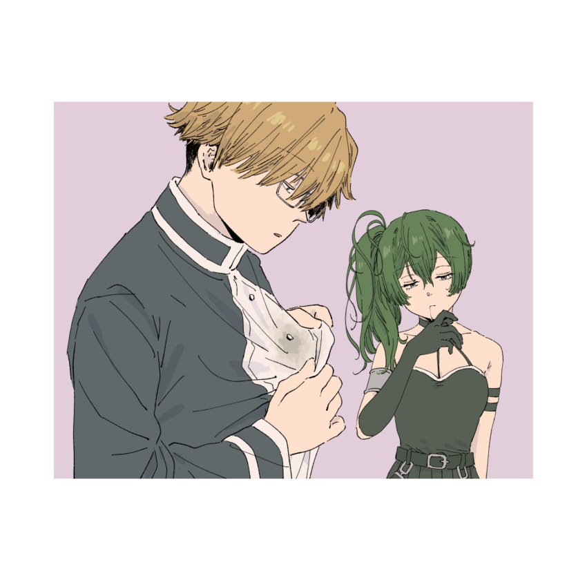 1boy 1girl arm_strap bare_shoulders black_dress black_gloves border brown_hair dress glasses gloves green_hair hair_between_eyes highres land_(sousou_no_frieren) long_sleeves medium_hair messy_hair pink_background saliva short_hair simple_background single_glove sleepy sousou_no_frieren ubel_(sousou_no_frieren) upper_body user_tjvj4534 waking_up white_border