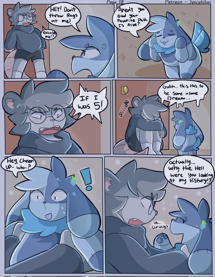 6_panel_comic ?! ambiguous_gender american_opossum animate_inanimate annoyed anthro bazz_(spicykiwi) big_ears black_bottomwear black_clothing black_nose black_shorts blue_body blue_clothing blue_pawpads blue_tail blue_topwear bottomwear clothing comic curled_tail curled_up dialogue door doorknob duo edgar_(spicykiwi) eye_contact eyewear fangs fetal_pose fur glasses grey_body grey_fur grey_hair hair hi_res holding_object holding_plushie hoodie living_plushie looking_at_another male mammal marsupial neck_tuft nervous open_mouth pawpads pink_tail plushie rat_tail shorts sitting sitting_on_ground size_difference smug speech_bubble spicykiwi standing surprise tail tail_motion tailwag teeth topwear tuft virginia_opossum