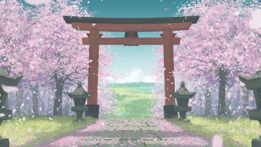 absurdres architecture cherry_blossoms cloud cloudy_sky east_asian_architecture falling_petals fasnakegod grass hakurei_shrine highres no_humans petals scenery shinto shrine sky torii touhou