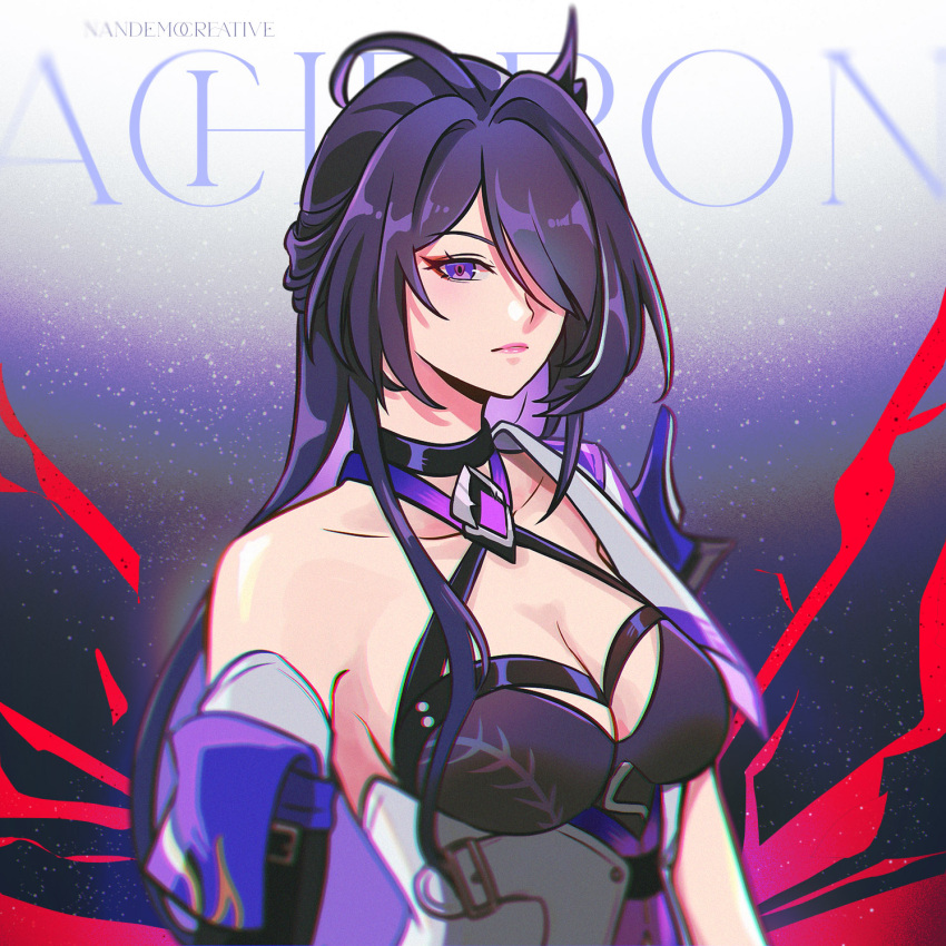 1girl acheron_(honkai:_star_rail) armor armpit_crease artist_name bandaged_arm bandages black_choker breasts character_name choker chromatic_aberration cleavage coat collarbone commentary criss-cross_halter detached_sleeves english_commentary hair_intakes hair_over_one_eye halterneck highres honkai:_star_rail honkai_(series) large_breasts long_hair looking_at_viewer multicolored_hair nandemocreative pink_lips purple_eyes purple_hair shoulder_armor solo standing streaked_hair upper_body very_long_hair white_coat