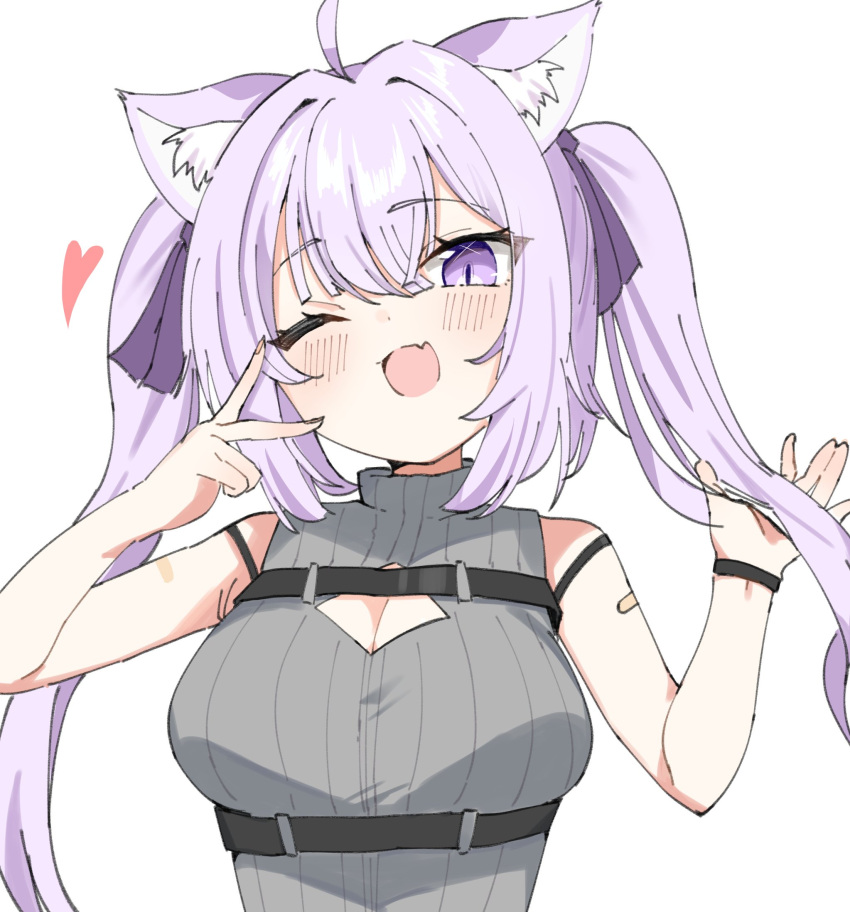 1girl :d \||/ ahoge animal_ear_fluff animal_ears bandaid bandaid_on_arm breasts cat_ears chest_harness chest_strap cleavage cleavage_cutout clothing_cutout dot_nose fang framed_breasts grey_sweater hair_between_eyes hands_up harness hashtag-only_commentary highres holding holding_hair hololive kaito_(kaito921125) large_breasts long_hair looking_at_viewer nekomata_okayu one_eye_closed pink_eyes pink_hair simple_background skin_fang sleeveless sleeveless_sweater slit_pupils smile solo sweater twintails underbust upper_body v_over_eye virtual_youtuber white_background