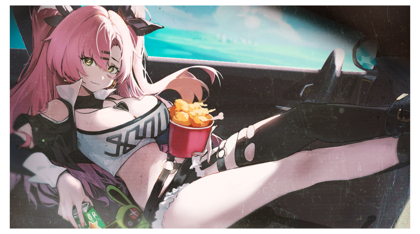 1girl absurdres blue_sky breasts bucket_of_chicken can car chicken_leg cleavage closed_mouth cloud drink_can dtd_xy eyelashes feet_on_dashboard film_grain floating_hair hair_between_eyes hair_ornament hairclip highres holding holding_can jewelry large_breasts legs long_hair looking_at_viewer midriff motor_vehicle navel necklace nicole_demara pink_hair reclining short_shorts shorts side-view_mirror single_thighhigh sitting sky soda_can solo steering_wheel tank_top thighhighs twintails yellow_eyes zenless_zone_zero