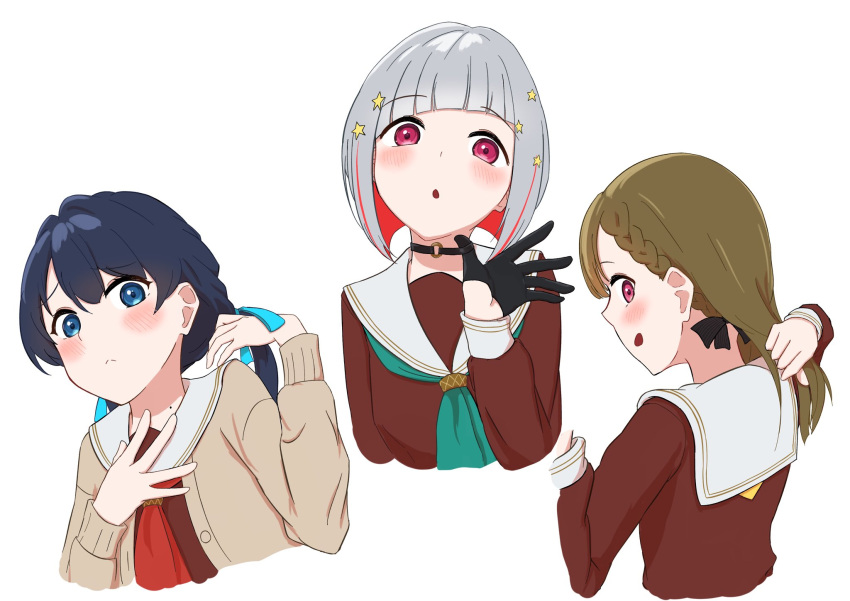 3girls :&lt; adjusting_choker adjusting_clothes aqua_neckerchief black_bow black_choker black_gloves blue_eyes blue_hair blue_ribbon blush bob_cut bow braid brown_cardigan brown_dress brown_hair cardigan center-flap_bangs choker closed_mouth colored_inner_hair commentary_request cropped_arm cropped_torso dark_blue_hair diagonal_bangs dollchestra dress frown gloves grey_hair hair_bow hair_ornament hair_ribbon half_gloves hasu_no_sora_school_uniform highres holding holding_hair inverted_bob kachimachi_kosuzu link!_like!_love_live! long_hair long_sleeves looking_at_viewer looking_back love_live! low_twintails mole mole_on_neck multicolored_hair multiple_girls murano_sayaka nape neck neckerchief o-ring o-ring_choker open_cardigan open_clothes open_mouth pink_eyes red_eyes red_hair red_neckerchief ribbon sailor_collar school_uniform short_hair side_braids sideways_mouth simadaburyu simple_background smile star_(symbol) star_hair_ornament straight_hair streaked_hair twintails virtual_youtuber white_background white_sailor_collar winter_uniform yellow_neckerchief yugiri_tsuzuri