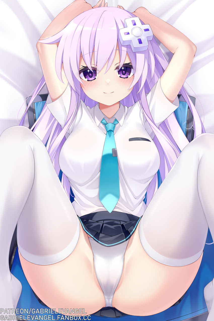 1girl arms_up blue_necktie blue_skirt blush breasts choujigen_game_neptune d-pad d-pad_hair_ornament gabriel_evangel hair_ornament highres jacket large_breasts long_hair looking_at_viewer necktie nepgear neptune_(series) open_clothes open_jacket panties purple_eyes purple_hair shirt skirt smile spread_legs thighhighs underwear white_panties white_shirt white_thighhighs