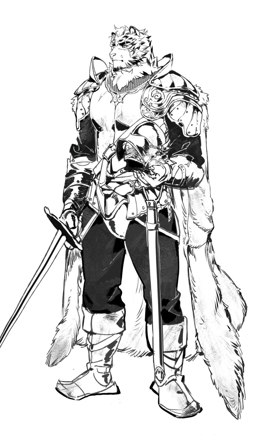 1boy absurdres animal_ears arknights armor cape chainmail cocowas35031414 cross_scar english_commentary fur_cape furry furry_male greyscale helmet highres holding holding_helmet holding_sword holding_weapon looking_to_the_side male_focus monochrome mountain_(arknights) scar scar_across_eye scar_on_cheek scar_on_face sword tiger_boy tiger_ears tiger_stripes weapon white_background