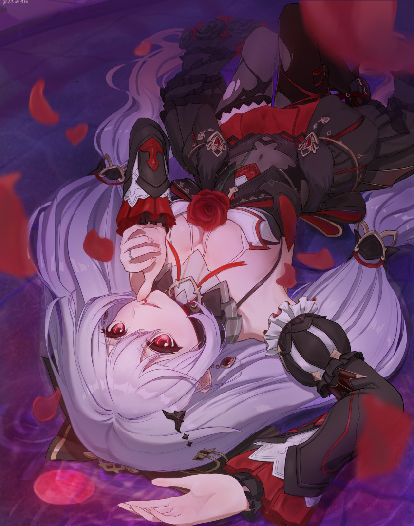 1girl absurdres artist_name bare_shoulders bat_hair_ornament black_dress blackxyfaf bleeding blood breasts check_commentary chinese_commentary cleavage commentary commentary_request detached_sleeves dress earrings flower grey_hair hair_between_eyes hair_ornament hair_spread_out highres honkai_(series) honkai_impact_3rd jewelry large_breasts long_hair long_sleeves looking_at_viewer lying moon on_back petals purple_theme red_eyes red_flower red_moon red_rose revision ring rose signature solo theresa_apocalypse theresa_apocalypse_(luna_kindred) theresa_apocalypse_(lunar_vow:_crimson_love) thighhighs torn_clothes torn_thighhighs upside-down vampire