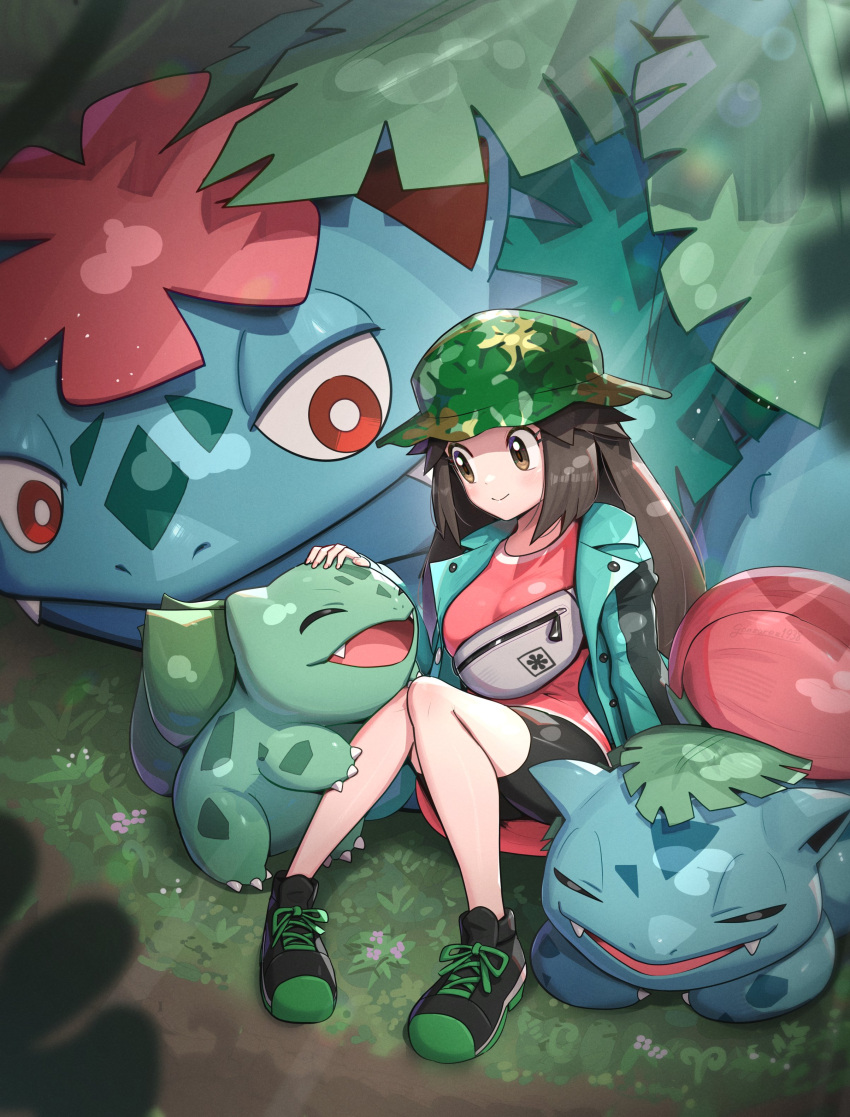 1girl absurdres black_shorts blue_jacket blue_skin blurry blurry_foreground breasts brown_eyes brown_hair bulbasaur colored_skin commentary_request evolutionary_line fangs gonzarez grass green_hat green_skin happy hat highres ivysaur jacket leaf_(pokemon) leaf_(sygna_suit)_(pokemon) long_hair medium_breasts nature outdoors petting pink_shirt pokemon pokemon_frlg pokemon_masters_ex red_eyes shirt shorts tongue venusaur