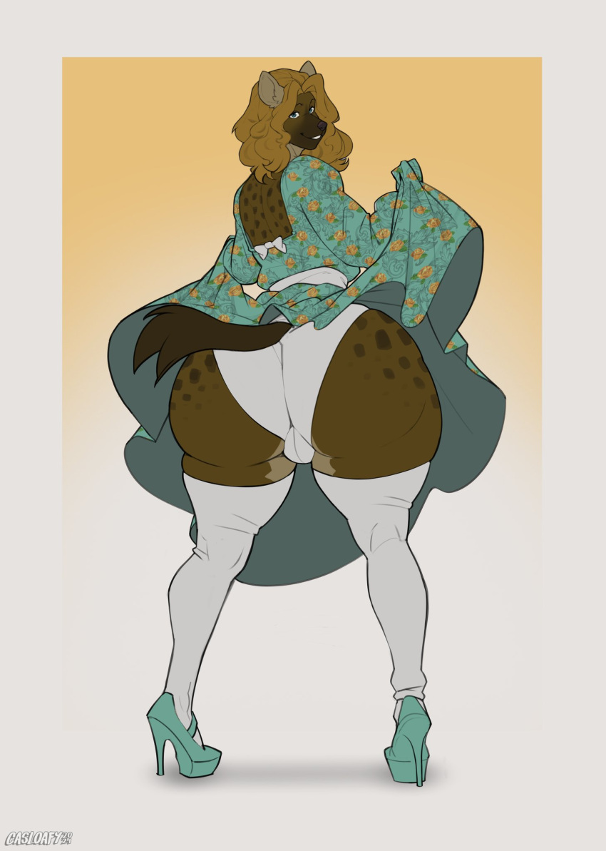 anthro big_butt brown_body butt casloafy clothed clothing clothing_lift dress dress_lift female footwear fur hair hi_res high_heels huge_butt hyena legwear looking_at_viewer looking_back mammal panties pupils rear_view smile solo spotted_hyena thick_thighs thigh_highs underwear