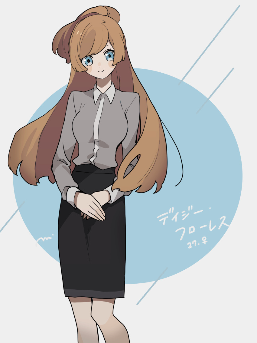 1girl blue_eyes blush_stickers bow-shaped_hair brown_hair collared_shirt feet_out_of_frame highres long_hair long_sleeves looking_at_viewer maco22 original own_hands_together shirt shirt_tucked_in skirt smile solo very_long_hair