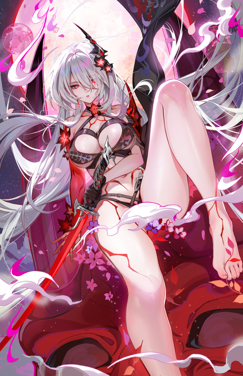 1girl absurdres acheron_(honkai:_star_rail) adapted_costume akizero1510 alternate_breast_size arm_across_waist armor bare_legs bare_shoulders barefoot belt black_belt black_bikini_bottom black_choker black_gloves body_markings breasts bright_pupils choker cleavage commentary_request criss-cross_halter eyes_visible_through_hair feet flower foot_out_of_frame full_body gloves groin hair_between_eyes hair_ornament hair_over_one_eye halterneck highres holding holding_sword holding_weapon honkai:_star_rail honkai_(series) huge_breasts katana knee_up long_hair looking_at_viewer markings midriff navel official_alternate_color parted_lips red_eyes red_flower shoulder_armor single_glove solo sword toes very_long_hair weapon white_hair white_pupils