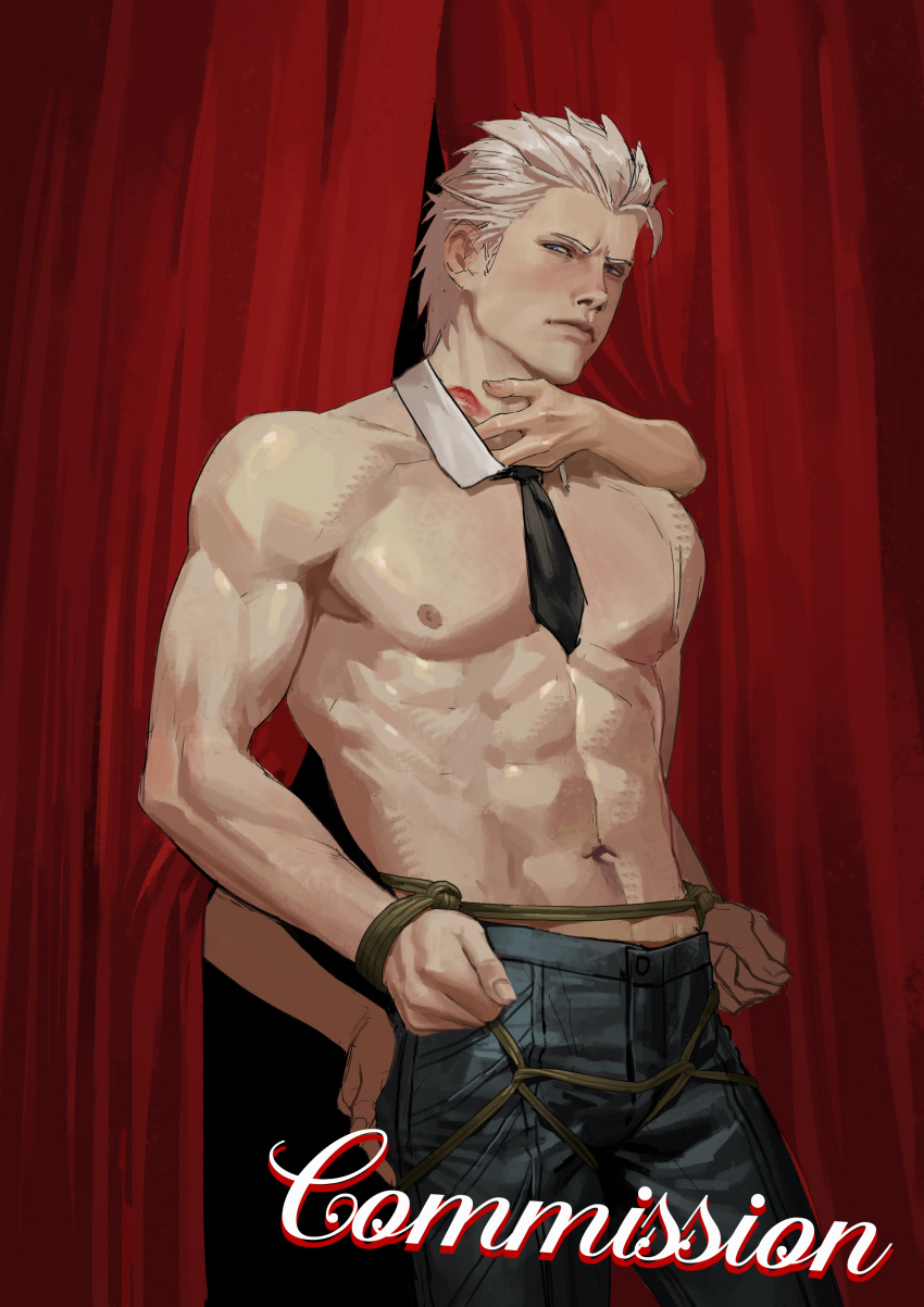 1boy 1girl abs absurdres bare_pectorals bdsm blue_eyes bondage bound closed_mouth devil_may_cry_(series) devil_may_cry_5 facial_hair hair_slicked_back highres large_pectorals lips looking_at_viewer male_focus maozhu mature_male muscular muscular_male necktie nose pectorals realistic solo topless_male upper_body vergil_(devil_may_cry) white_hair