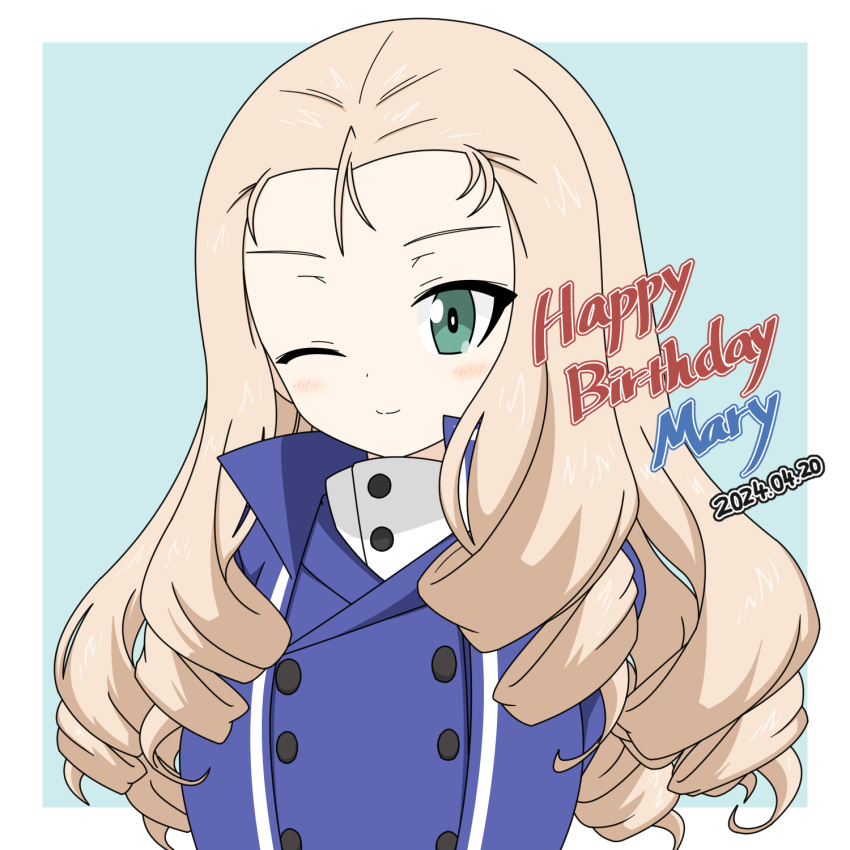 1girl ;) arms_behind_back bc_freedom_military_uniform birthday blonde_hair blue_background blue_jacket blue_vest character_name closed_mouth dated dress_shirt drill_hair girls_und_panzer green_eyes happy_birthday high_collar highres ichinose_jun jacket long_hair long_sleeves looking_at_viewer marie_(girls_und_panzer) military_uniform one_eye_closed shirt smile solo uniform vest white_shirt