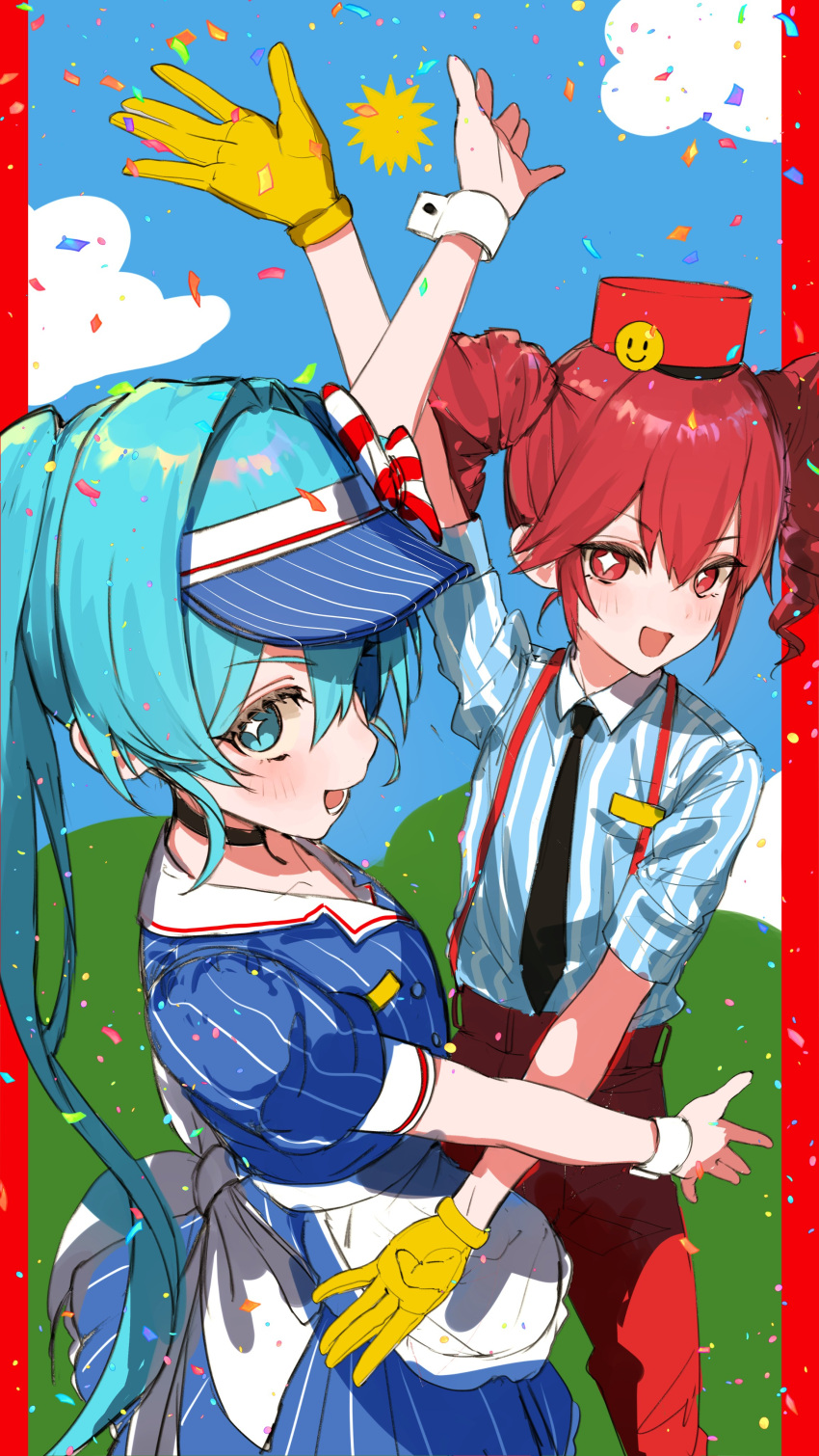 +_+ 2girls absurdres apron black_necktie blue_dress blue_eyes blue_hair blue_hat blue_shirt blue_sky border cloud commentary_request confetti dress drill_hair feet_out_of_frame gloves hand_up hat hatsune_miku highres hill kasane_teto long_hair looking_at_viewer maria_(syake-uni) mesmerizer_(vocaloid) multiple_girls name_tag necktie open_mouth pants red_eyes red_hair red_hat red_pants shirt sketch sky smile striped_clothes striped_headwear striped_shirt sun suspenders twin_drills visor_cap vocaloid waist_apron white_apron white_wrist_cuffs wrist_cuffs yellow_gloves