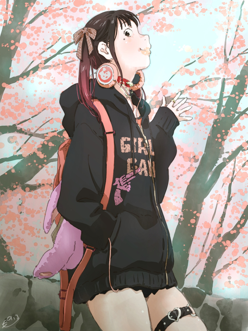 1girl backpack bag black_eyes black_hair black_hoodie cherry_blossoms day gradient_hair hand_in_pocket headphones headphones_around_neck highres hood hood_down hoodie jewelry jirai_kei mole mole_under_eye monodevil multicolored_hair original outdoors ring solo spring_(season) standing thigh_strap twintails