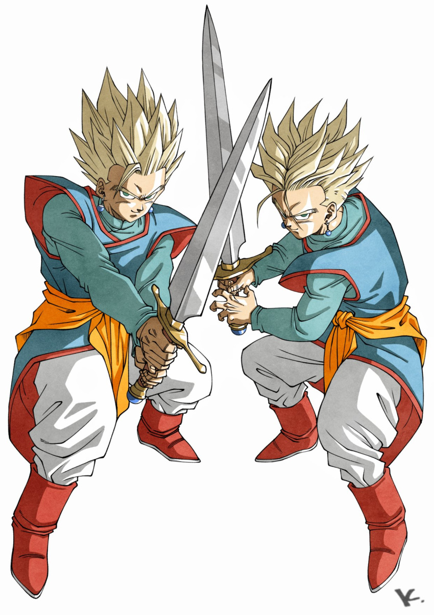 2boys baggy_pants blonde_hair blue_jacket blue_tunic boots dragon_ball earrings green_eyes highres holding holding_sword holding_weapon initial jacket jewelry kakeru_(dbskakeru) looking_at_viewer multiple_boys orange_sash pants red_footwear red_trim simple_background son_gohan spiked_hair sword toriyama_akira_(style) trunks_(dragon_ball) waist_sash weapon white_background white_pants