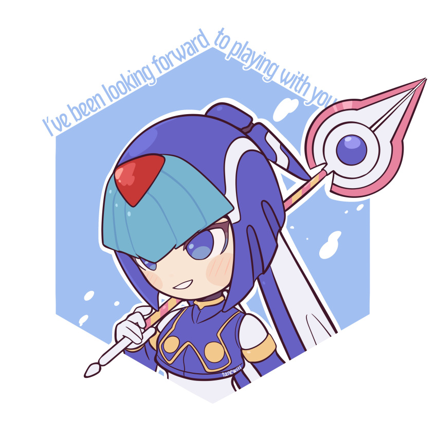 1girl absurdres armor artist_name blue_armor blue_eyes blue_helmet blush_stickers chibi english_commentary english_text fairy_leviathan_(mega_man) fins forehead_jewel head_fins helmet highres holding holding_polearm holding_weapon mega_man_(series) mega_man_zero_(series) over_shoulder polearm solo spear tanewiii upper_body water weapon weapon_over_shoulder