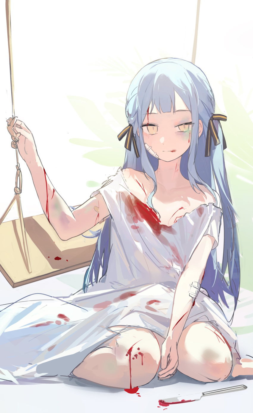 1girl absurdres bandaid bandaid_on_arm bandaid_on_face bang_dream! bang_dream!_it's_mygo!!!!! black_ribbon blood blood_on_arm blood_on_clothes blood_on_face blue_hair braid bruise closed_mouth collarbone commentary cuts dress french_braid hair_ribbon hashtag-only_commentary highres injury knife long_hair looking_at_viewer off_shoulder ribbon shenqi_de_(9) sidelocks sitting solo swing togawa_sakiko white_dress yellow_eyes