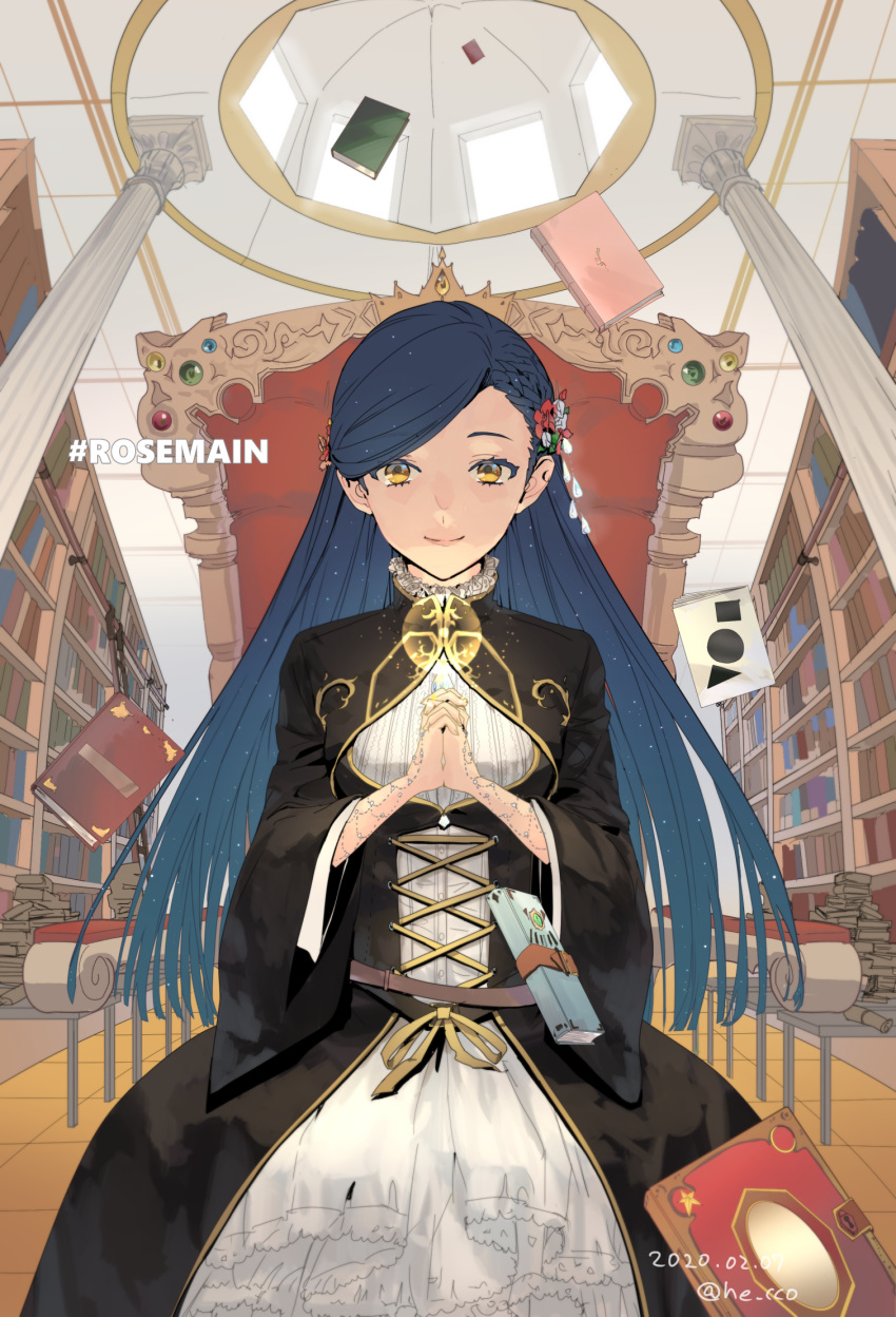 1girl artist_name black_dress blue_hair book book_stack bookshelf chair character_name column dated dress flower gem gold_trim hair_flower hair_ornament he_cco highres honzuki_no_gekokujou indoors library magic myne_(honzuki_no_gekokujou) own_hands_together pillar sitting solo yellow_eyes