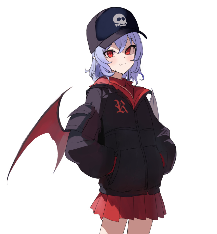 baseball_cap bat_wings black_hat black_jacket contemporary hair_between_eyes hands_in_pockets hat hat_ornament highres hood hooded_jacket jacket looking_at_viewer pleated_skirt pointy_ears purple_hair red_eyes red_shirt red_skirt remilia_scarlet ririo_(mitsumatario) shirt short_hair simple_background skirt skull_hat_ornament smile touhou white_background wings