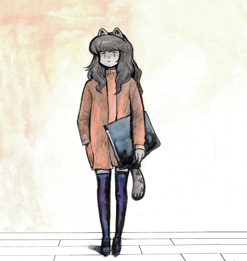 absolute_territory anthro bangs biped clothing coat crossgender domestic_cat fan_character felid feline felis female footwear fur garfield_(series) grey_body grey_fur grey_hair hair hi_res holding_object long_hair mammal mtf_crossgender nermal_(garfield) nervana_(remy_boydell) painting_(artwork) remy_boydell shoes socks solo standing sweater topwear traditional_media_(artwork) trans_(lore) trans_woman_(lore) watercolor_(artwork)