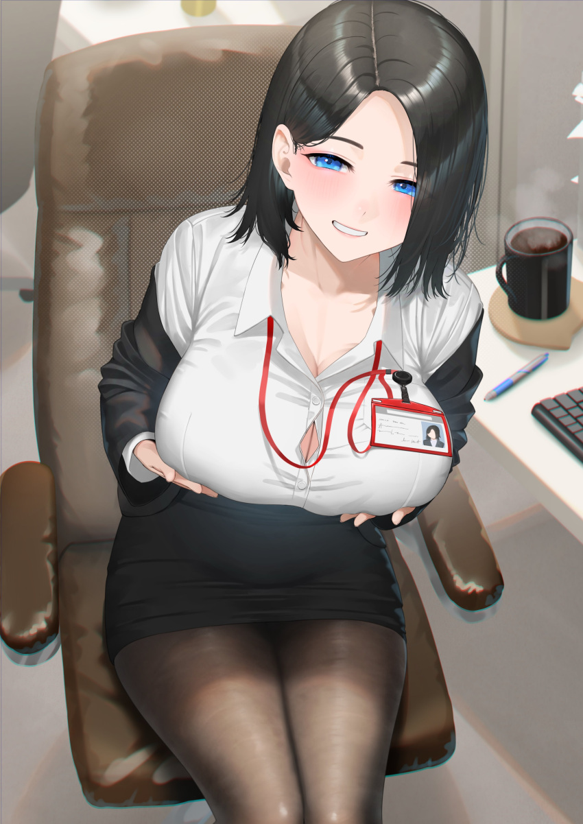 1girl absurdres black_hair black_skirt breast_lift breasts chair cleavage coffee_mug collared_shirt cup desk highres id_card keyboard_(computer) lanyard large_breasts medium_hair mug office_lady on_chair original pantyhose pen pencil_skirt rushian shirt sitting skirt smile solo white_shirt