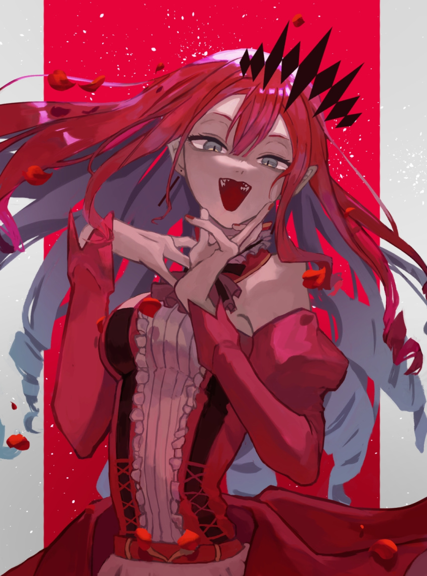 1girl baobhan_sith_(fate) baobhan_sith_(first_ascension)_(fate) bare_shoulders breasts dress earrings fate/grand_order fate_(series) frilled_dress frills grey_eyes hair_ornament hand_up highres jewelry kanikama_jan long_hair looking_at_viewer nail_polish necktie open_mouth pointy_ears red_background red_dress red_hair red_necktie sharp_teeth sidelocks smile smug solo teeth two-tone_background white_background