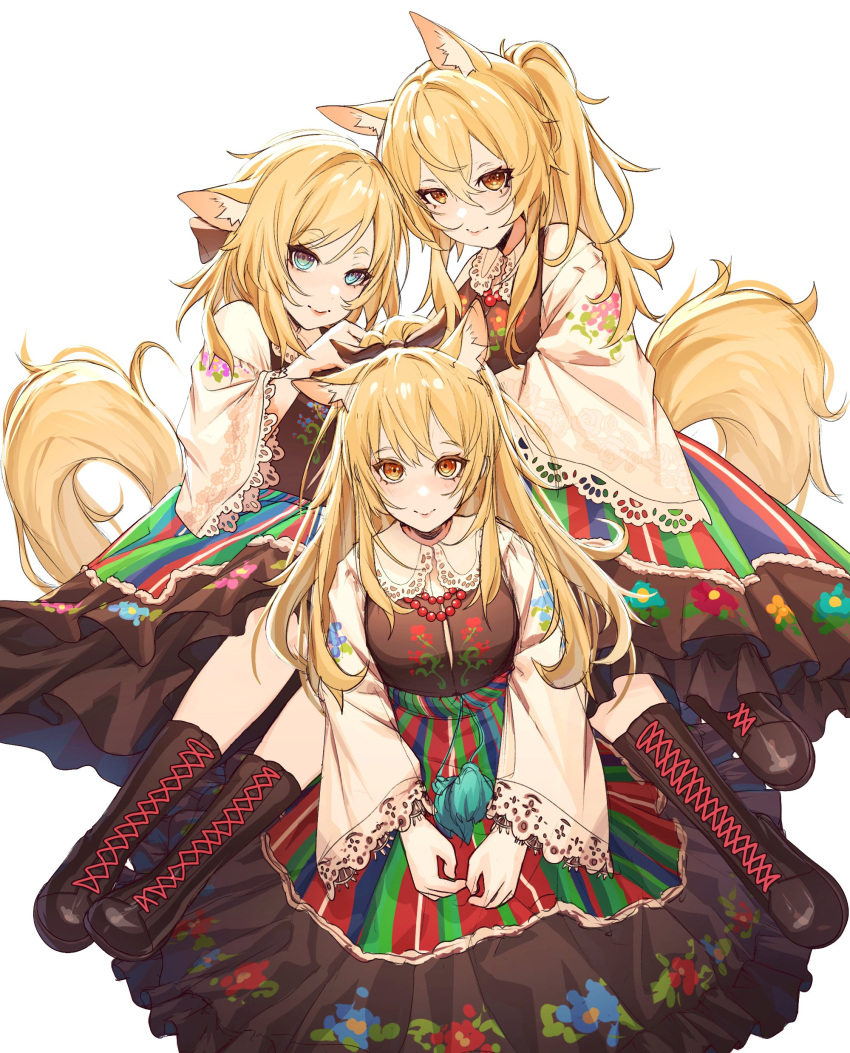 3girls absurdres animal_ear_fluff animal_ears arknights aunt_and_niece bead_necklace beads blemishine_(arknights) blonde_hair blue_eyes boots ev-oo floral_print golden_eyes highres horse_ears horse_girl horse_tail jewelry long_hair looking_at_viewer multiple_girls nearl_(arknights) necklace polish_clothes siblings sisters smile tail whislash_(arknights)