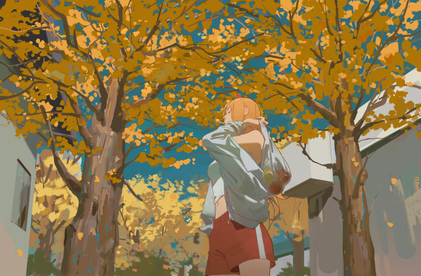 1girl absurdres arm_up autumn_leaves bag blonde_hair blue_sky breasts building candy carrying_over_shoulder chainsaw_man closed_eyes cowboy_shot crop_top food from_below fruit highres holding holding_bag horns jacket lollipop long_hair medium_breasts midriff navel null_(skev7724) off_shoulder outdoors plastic_bag power_(chainsaw_man) red_shorts shirt shorts sidelocks sky sleeveless sleeveless_shirt solo standing tree white_jacket white_shirt wide_shot