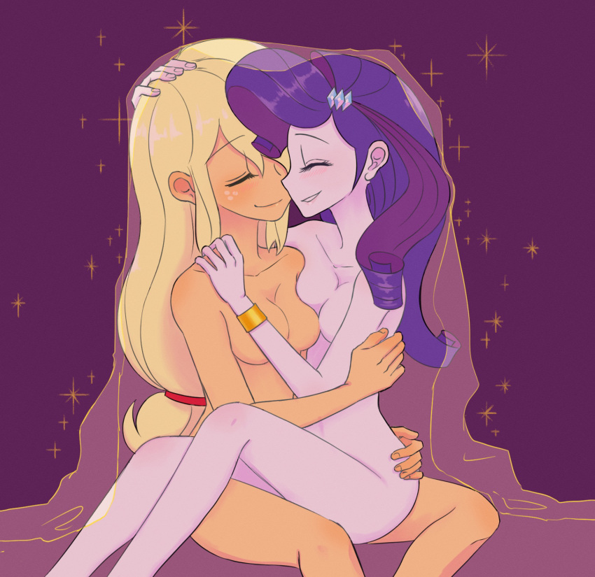 2girls applejack blonde_hair blush breasts closed_eyes colored_skin couple haibaratomoe happy highres multiple_girls my_little_pony my_little_pony:_friendship_is_magic nude purple_hair rarity_(my_little_pony) sitting sitting_on_person smile white_skin yellow_skin yuri