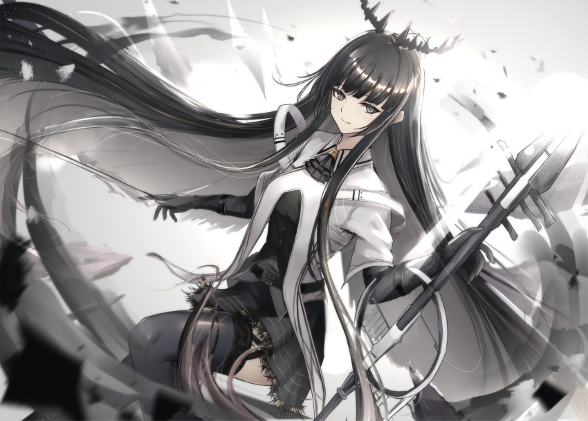 1girl absurdly_long_hair antenna_hair arknights ascot backlighting belt belt_buckle black_ascot black_belt black_garter_straps black_gloves black_hair black_halo black_skirt black_thighhighs bloom blunt_bangs blurry blurry_background blurry_foreground bow_(music) breasts bright_pupils broken_halo buckle bustier buttons cello closed_mouth collared_jacket colored_inner_hair commentary dark_halo day depth_of_field feet_out_of_frame floating floating_hair from_side garter_straps gloves grey_eyes grey_hair grey_shirt grey_sky halo hands_up highres hime_cut holding holding_bow_(music) holding_instrument instrument jacket knees lace-trimmed_skirt lace_trim layered_clothes layered_sleeves light_particles light_rays long_hair long_sleeves looking_at_viewer looking_to_the_side medium_breasts miniskirt mole mole_under_eye multicolored_hair outdoors pleated_skirt poni_(poni_arknights) shirt short-sleeved_jacket short_over_long_sleeves short_sleeves sidelocks skirt sky smile solo straight_hair strap sunbeam sunlight thighhighs thighs two-tone_hair untucked_shirt very_long_hair virtuosa_(arknights) white_jacket white_pupils wide_sleeves wing_collar zettai_ryouiki